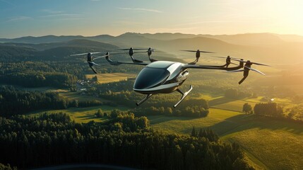 Electric Air taxi drone, eVTOL flying high over a rural region at sunset. Rural Air Mobility, concept of future transportation in the country