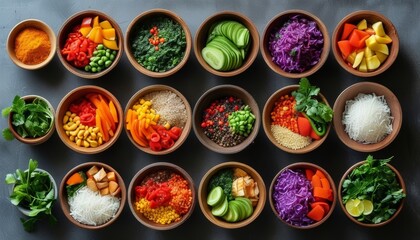 Colorful Bowls of Fresh Vegetables and Toppings Neatly Arranged on Dark Surface