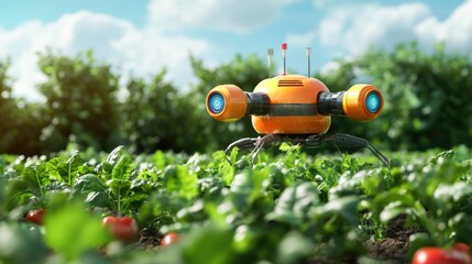 Agriculture futuristic. Pollinate of vegetables with robot automation. Detection spray chemical. Leaf analysis and foliar fertilization. Eliminate pests and provide essential