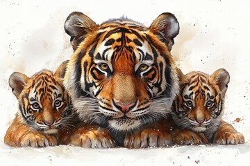 Obraz premium A close-up of a tiger with two cubs, showcasing their beauty and strength.
