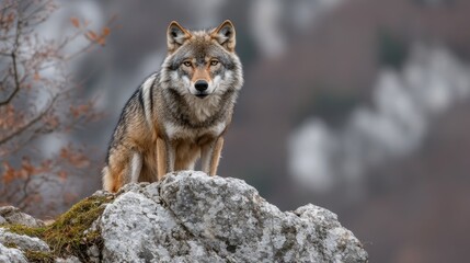 Obraz premium A wolf standing on a rocky outcrop, showcasing its natural habitat and majestic presence.