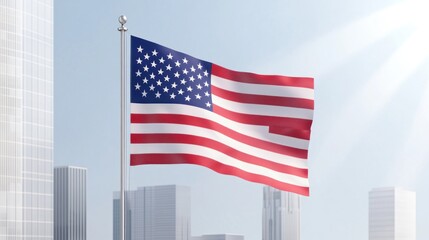 A waving American flag in an urban setting.