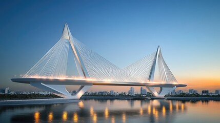 Fototapeta premium A modern cable-stayed bridge illuminated at sunset, reflecting in the water below.