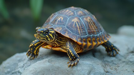 Obraz premium A colorful turtle resting on a rock by the water.
