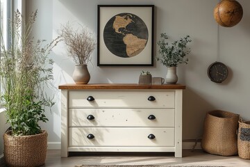 Product photography of a white chest with three drawers, oak top, black metal handles, Scandinavian style interior with natural light and art print on the wall.
