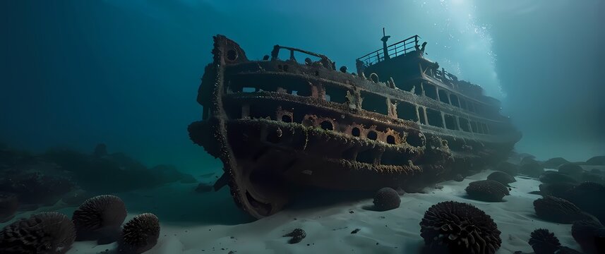 A dramatic image of an ancient sunken shipwreck its hull encrusted with barnacles hinting at stories of the past. Extremely detailed high resolution illustration.
