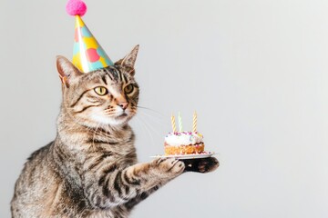 A humorous cat wearing a party hat and holding a happy birthday cake is isolated on a white backdrop.