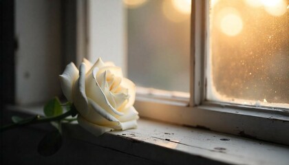 A single white rose in full bloom placed on a wooden windowsill, with sunlight streaming through the window, creating soft, blurred highlights in the background.
