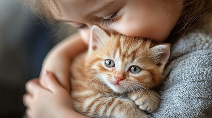 A child lovingly hugs an orange tabby kitten, showcasing a tender moment of companionship.