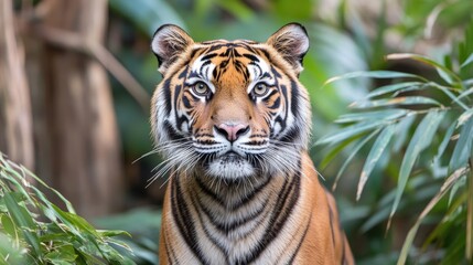 Fototapeta premium A close-up of a tiger amidst lush greenery, showcasing its striking features and expression.