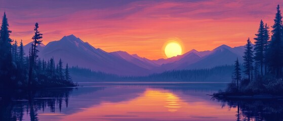 A colorful sunset over a calm lake with mountains and pine trees in the distance