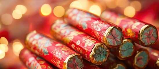 Close-up of red and gold festive cylindrical candies.