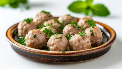 Fototapeta premium Herbed Pork Meatballs on a Rustic Plate with Fresh Green Garnish and Soft Lighting