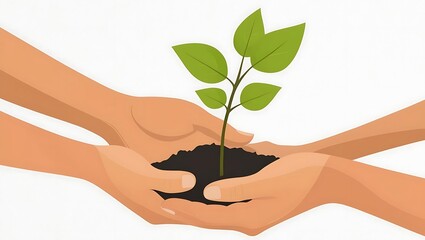 Collaborative Effort in Nurturing Nature: Hands Supporting a Young Plant Growing from Dark Soil to Emphasize the Importance of Environmental Stewardship and Community Engagement