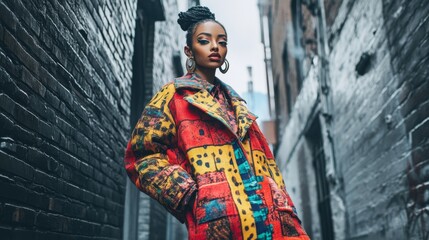 Fototapeta premium A confident model showcases a bold and colorful outfit in a narrow urban alleyway, exuding flair and modern style