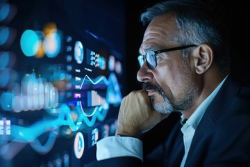A focused businessman analyzes digital data on a screen, contemplating trends and insights in a dark, tech-driven environment.