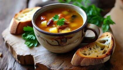Delicious Caldinho de Feijao Soup with Fresh Herbs and Crusty Bread Slices