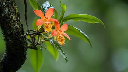 Fototapeta na wymiar Two vibrant orange orchids bloom on a mossy branch