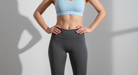 A fit woman in a light blue sports bra and gray leggings stands confidently with hands on her hips.