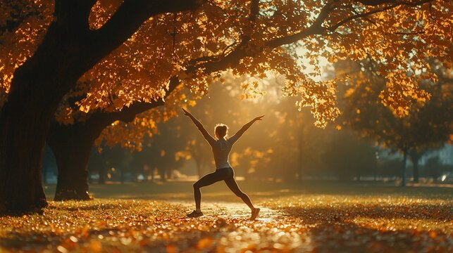 Woman practicing yoga in autumn park at sunrise.