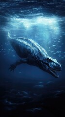 Fototapeta premium A prehistoric aquatic creature swimming in deep blue water, evoking a sense of mystery.