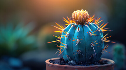 Vibrant cactus with orange spines and bloom in soft focus garden scene