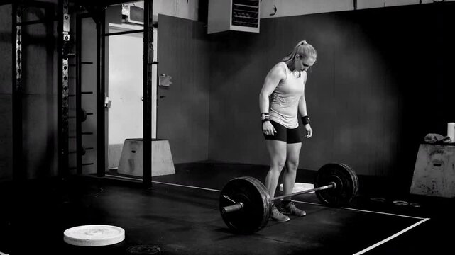 Strong young woman lifting heavy weights over her head in grungy gym setting, dramatic lighting in black and white.