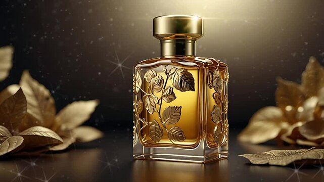 The sparkling gold perfume bottle gives a luxurious impression. Seamless 4K looping timelapse video animation background
