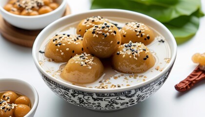 Delicious Che Troi Nuoc Glutinous Rice Balls in Sweet Coconut Sauce with Sesame Toppings