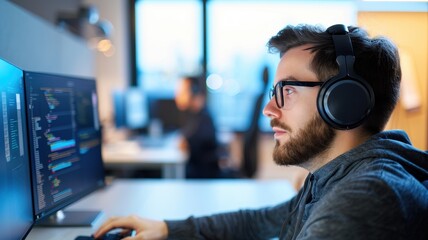 Fototapeta premium A focused young man wearing headphones works on coding or programming at a computer in a modern workspace.
