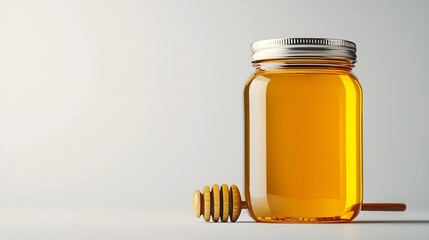 Glass Jar Filled with Golden Honey and Wooden Honey Dipper on a Minimalist White Background, Highlighting Purity, Sweetness, and Natural Organic Essence