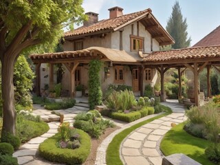 Fototapeta premium A rustic house with a tiled roof, wooden pergola, and a small garden pathway