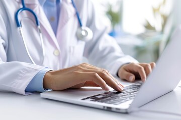 A healthcare professional typing on a laptop, dressed in a white coat with a stethoscope, suggesting a modern approach to medicine and patient care.