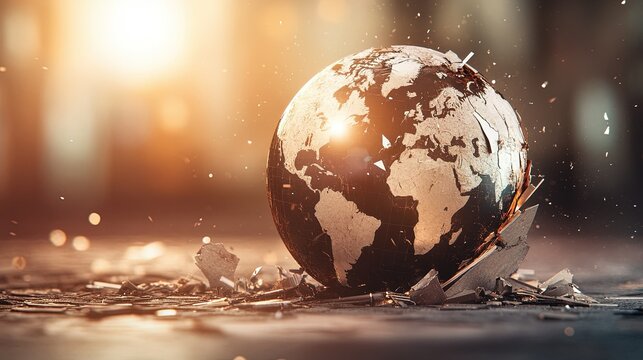 Cracked globe with financial symbols, illustrating global economic collapse, highlighting fragility of world markets and interconnectedness.