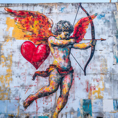 cupid shooting an arrow on a brick wall, Valentine's Day graffiti.