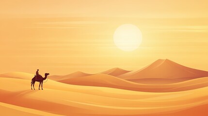Fototapeta premium Desert Journey, solitary traveler on camel across expansive dunes toward a shimmering oasis on the horizon