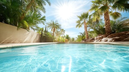Fototapeta premium Desert Oasis Retreat, serene palms embrace a glistening pool, tranquility amidst arid landscapes, perfect for relaxation and rejuvenation
