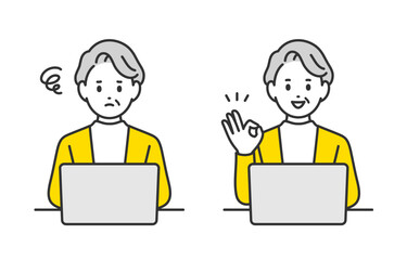 パソコンを見て悩む･OKサインのポーズをするシニア女性･高齢者のセット【人物ベクターイラスト素材】