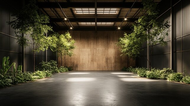 Energy-efficient warehouse featuring modern LED illumination, streamlined design, sustainable architecture, optimized for productivity and eco-friendliness