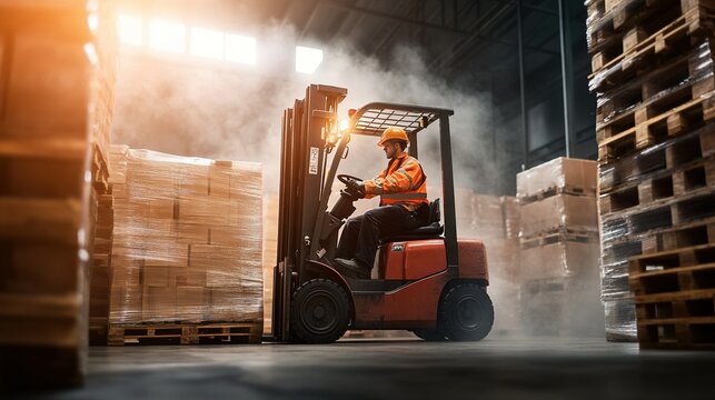 Forklift operator transporting materials, equipped with safety gear, showcasing efficiency in a warehouse environment
