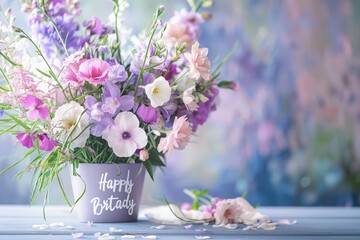 Happy birthday card with a lovely arrangement of flowers as the backdrop