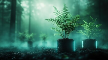 Obraz premium Futuristic tree guardians, illuminated tech encasing forest life, preserving nature's harmony with advanced protection systems