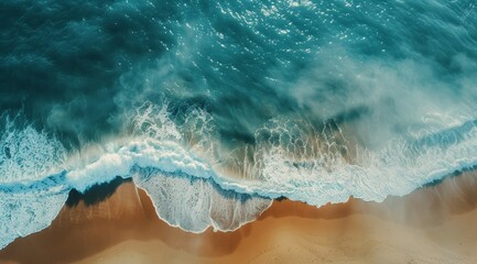 Aerial view of ocean waves crashing on sandy beach. (2)