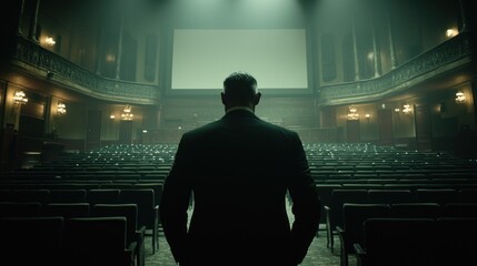 Fototapeta premium Man in suit facing large blank screen in empty theater.