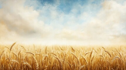 Golden wheat field swaying gently in the breeze beneath an expansive blue sky, a scene of tranquility and nature's bounty