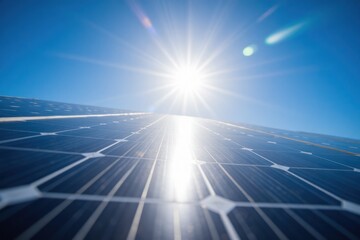 Bright Solar Panels Capturing Sunlight on Clear Blue Sky Background