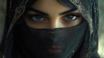 Naklejka premium Mysterious Gaze: A Woman's Enigmatic Beauty Unveiled Through a Veil