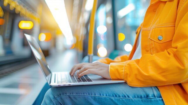 A person in an orange jacket works on a laptop while sitting in a subway, surrounded by blurred lights and a modern urban environment.