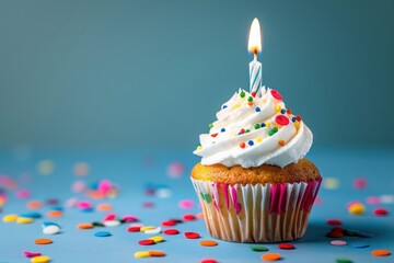 One candle on a birthday cupcake