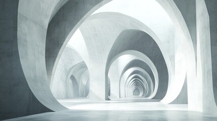 Fototapeta premium A serene, modern architectural space with curved concrete structures and soft lighting.